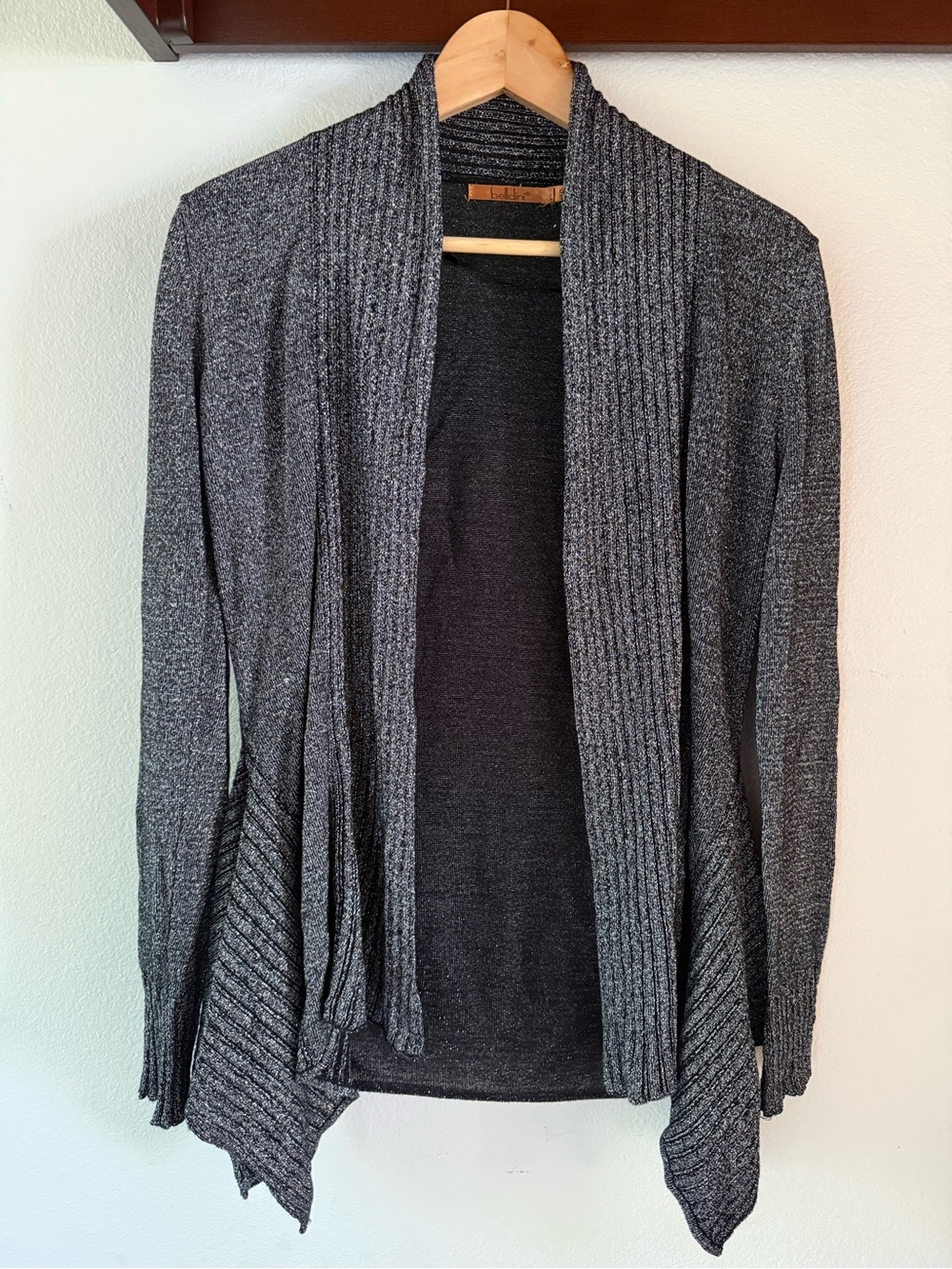 Belldini Handkerchief Hem Asymmetrical Open Drape Cardigan, Metallic Silver